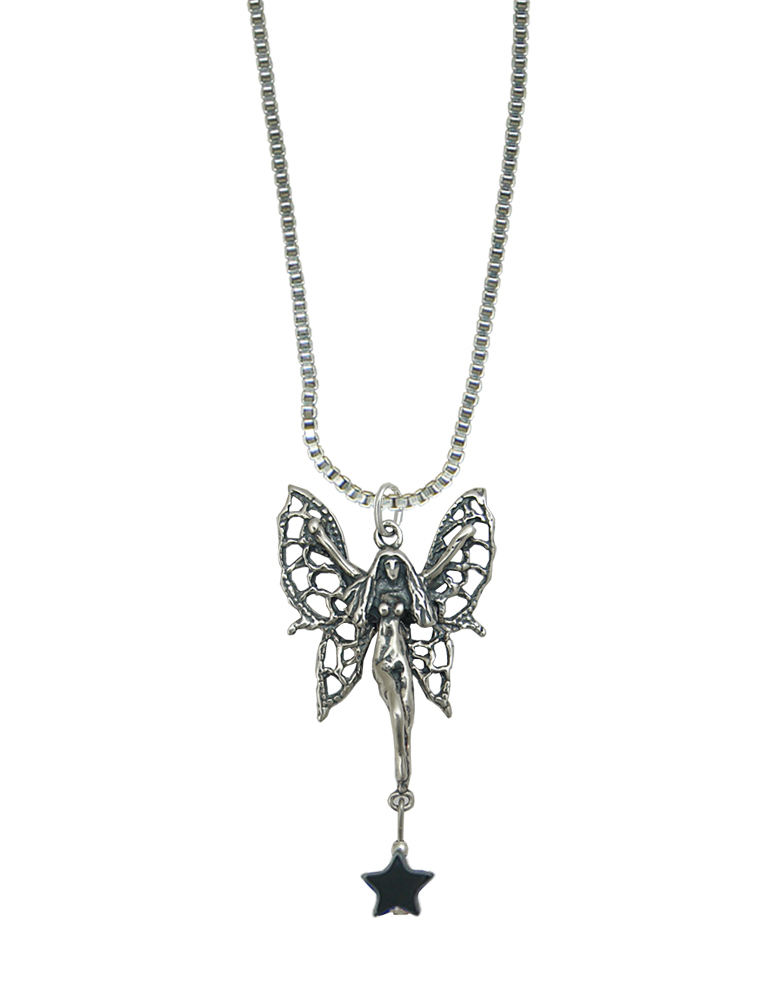 Sterling Silver Filigree Flying Fairy Pendant With Lucky Gray Star